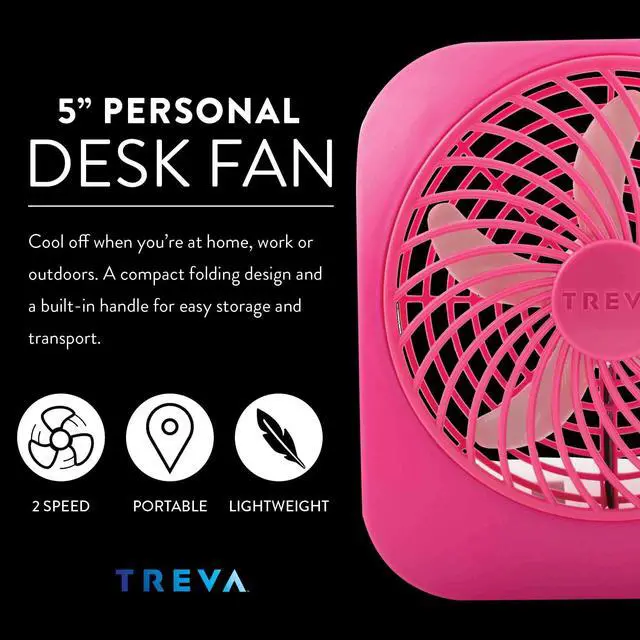 Alt view image 2 of 6 - Treva 5 Inch Battery Powered Fan Portable Desk Fan 2 Cooling Speeds with Compact Folding & Tilt Design Cubicle Accessories Small Portable (Raspberry)