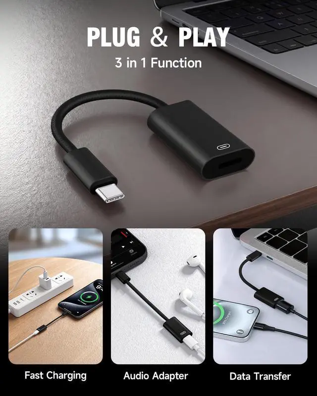 Alt view image 4 of 7 - USB C to Lightning Headphone Audio Adapter | Type C to Lightning Earphone Converter with Charge/Data Transfer, Compatible with iPhone 17/16 Pro/Max, iPad, MacBookBlack