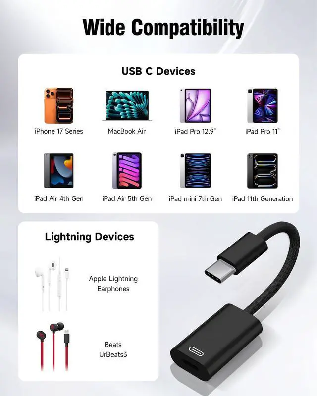 Alt view image 6 of 7 - USB C to Lightning Headphone Audio Adapter | Type C to Lightning Earphone Converter with Charge/Data Transfer, Compatible with iPhone 17/16 Pro/Max, iPad, MacBookBlack