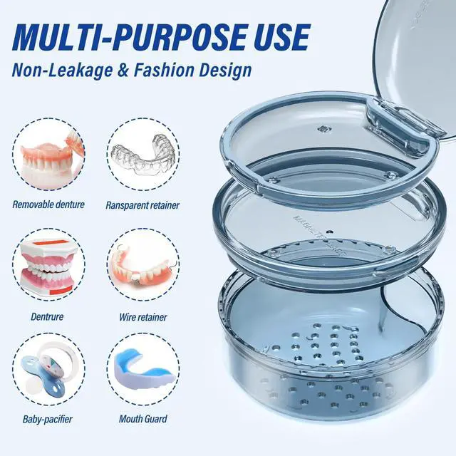 Alt view image 2 of 6 - Case Retainer Cleaning Case: 2 in 1 Retainer Case, No-Leak Denture Bath Box Cup, Complete Clean Care for Dentures, Clear Braces, Mouth Guard, Night Guard & Retainers