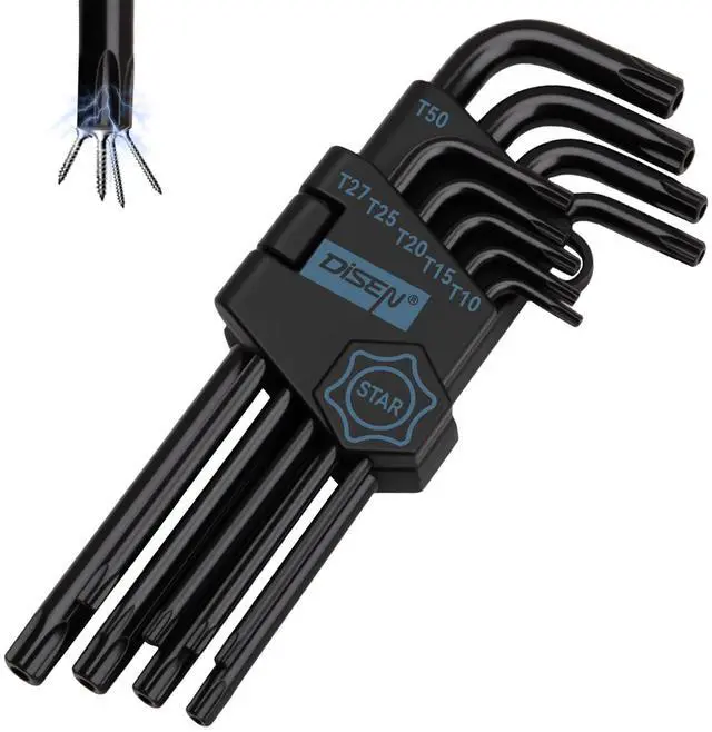 Main image of 9 Pieces Torx Star Allen Wrench Set, Long Arm Star Key Set T10-T50, Chrome Vanadium Steel