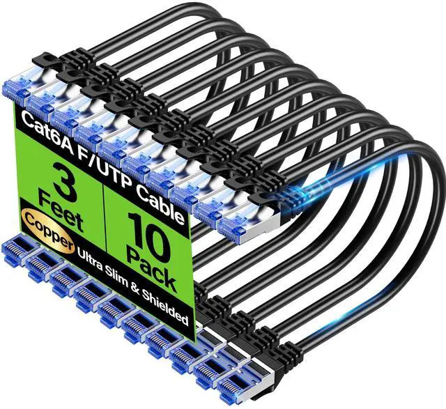 Main image of Cat6A Ethernet Cable Shielded 10Gbps 3 ft (10 Pack), Slim Shielded (F/UTP) Ethernet Cable Cat 6, Flexible 28AWG Bare Copper Cat6 Cable, Space-saving Cat 6a Network Cable for Server, Data Center, Black