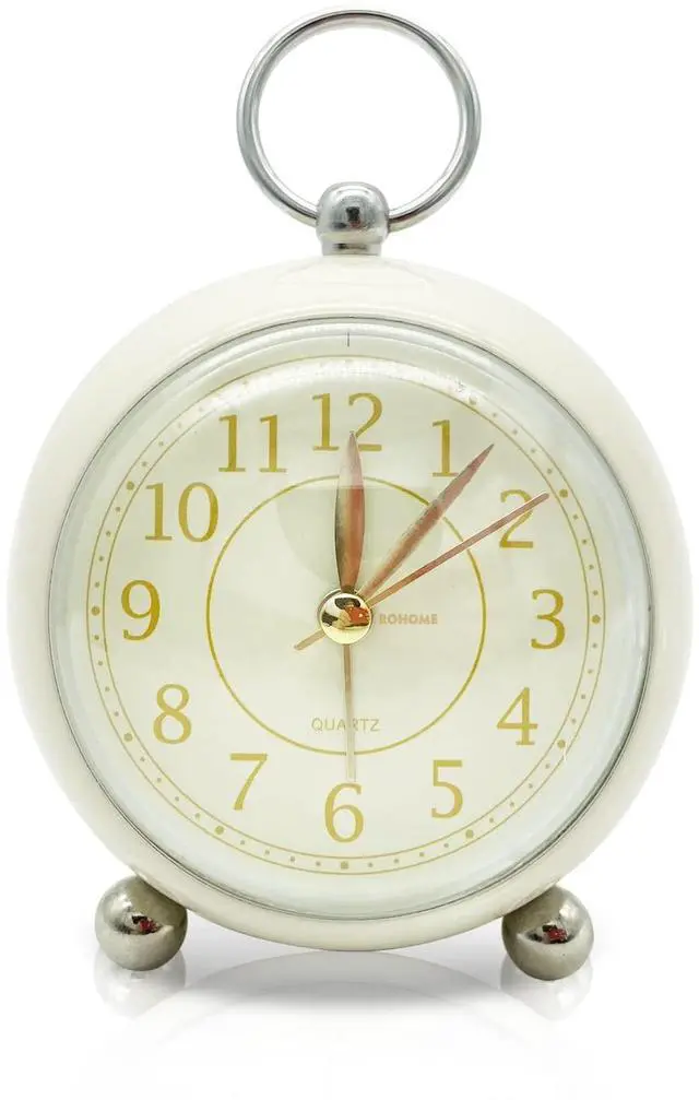 Main image of Vintage Small Alarm Clock with Night Light, Beige, Silent Quartz Movement, Non-Ticking, Decorative, for Bedside Table, Desk, Kitchen, Bedroom, Shelf, Nightstand, Wall Hanging (Beige)