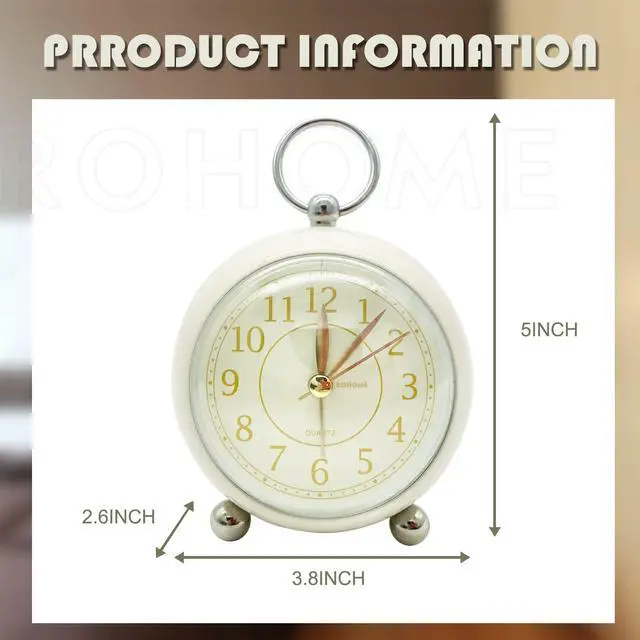 Alt view image 3 of 6 - Vintage Small Alarm Clock with Night Light, Beige, Silent Quartz Movement, Non-Ticking, Decorative, for Bedside Table, Desk, Kitchen, Bedroom, Shelf, Nightstand, Wall Hanging (Beige)