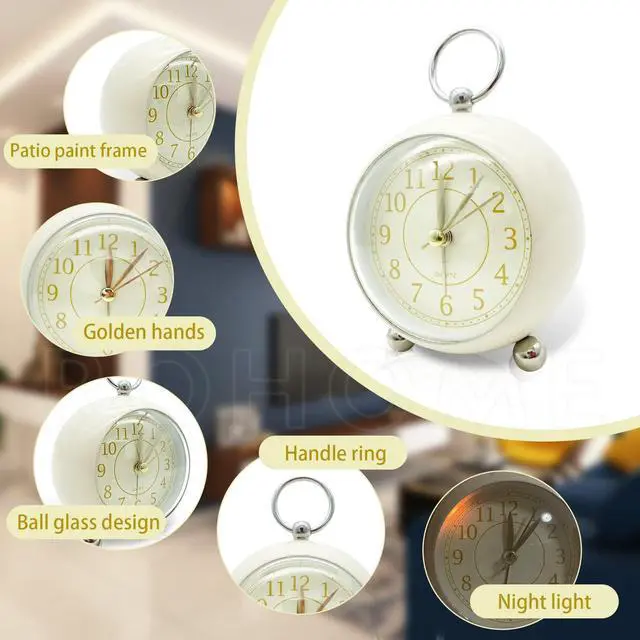 Alt view image 4 of 6 - Vintage Small Alarm Clock with Night Light, Beige, Silent Quartz Movement, Non-Ticking, Decorative, for Bedside Table, Desk, Kitchen, Bedroom, Shelf, Nightstand, Wall Hanging (Beige)