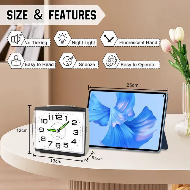 Alt view image 2 of 7 - Large Alarm Clock for Bedside, Silent Non-Ticking Analog Clock with Night Light, Battery Powered, Gradually Increasing Alarm for Heavy Sleepers, Seniors