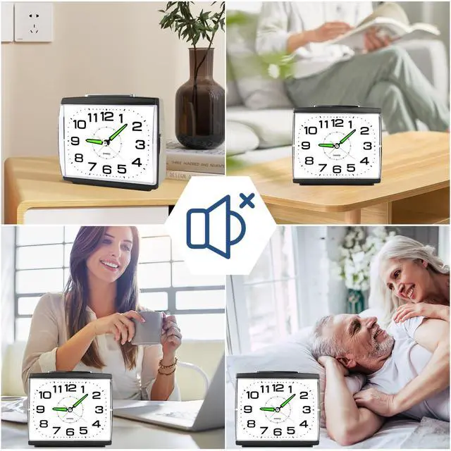Alt view image 5 of 7 - Large Alarm Clock for Bedside, Silent Non-Ticking Analog Clock with Night Light, Battery Powered, Gradually Increasing Alarm for Heavy Sleepers, Seniors
