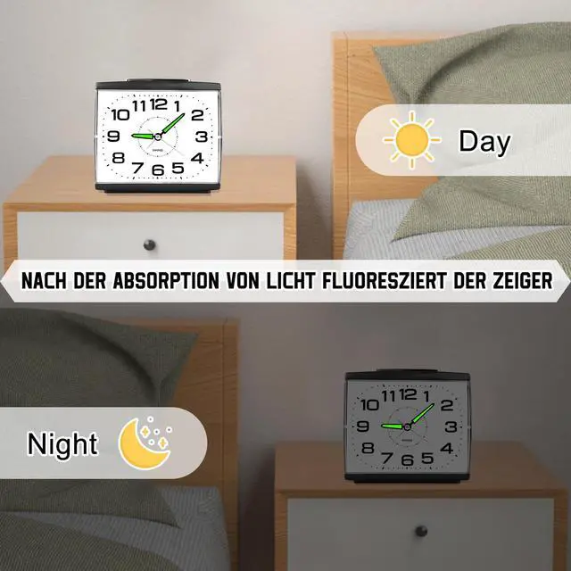 Alt view image 7 of 7 - Large Alarm Clock for Bedside, Silent Non-Ticking Analog Clock with Night Light, Battery Powered, Gradually Increasing Alarm for Heavy Sleepers, Seniors