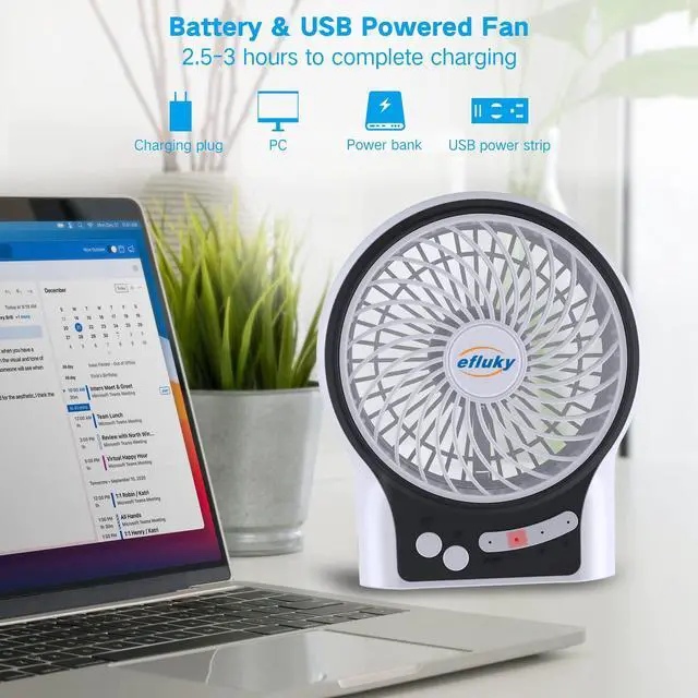 Alt view image 2 of 7 - 3-Speed Mini Desk Fan with LED Light, Portable USB Fan Quiet for Home, Office, Travel, Camping, Outdoor, Indoor, 4.9-Inch, White