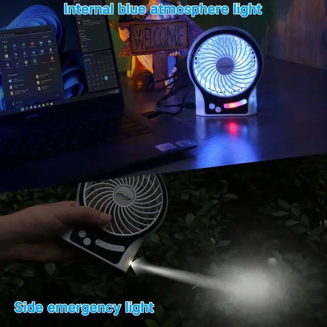 Alt view image 5 of 7 - 3-Speed Mini Desk Fan with LED Light, Portable USB Fan Quiet for Home, Office, Travel, Camping, Outdoor, Indoor, 4.9-Inch, White