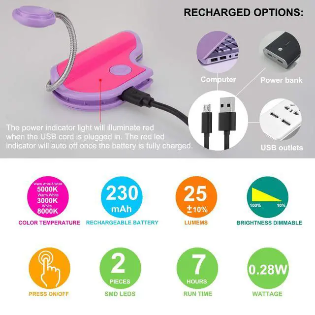 Alt view image 6 of 6 - Book Reading Light for Kids - Rechargeable, Portable LED Reading Lamp with Rotary Neck, Clip-on Light in Bed (Purple)