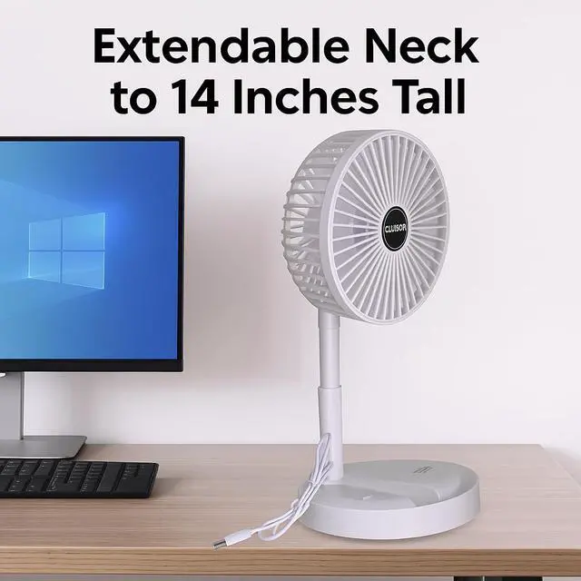 Alt view image 2 of 5 - Telescopic Folding USB Desk Fan Adjustable Height 11.5" to 14", Quiet Motor, Compact Table Fan with Phone Stand, USB-Powered for Home, Office, Travel (White)