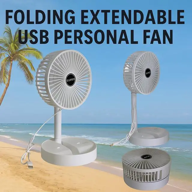 Alt view image 5 of 5 - Telescopic Folding USB Desk Fan Adjustable Height 11.5" to 14", Quiet Motor, Compact Table Fan with Phone Stand, USB-Powered for Home, Office, Travel (White)
