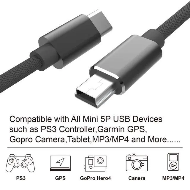 Alt view image 4 of 6 - Type C to Mini USB Cable, USB C to 5-Pin Cable Charging Cord Support Sync Data for Compatible with Digital Camera, MP3 Player, GPS Receiver and More Mini B Devices - 3.3 feet