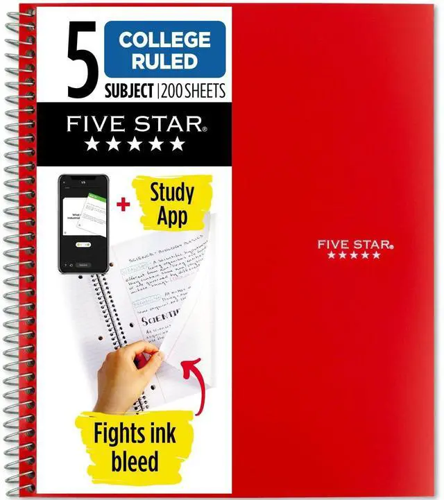 Main image of Spiral Notebook + Study App, 5 Subject, College Ruled Paper, Fights Ink Bleed, Water Resistant Cover, 8-1/2" x 11", 200 Sheets, Color Will Vary (06208)