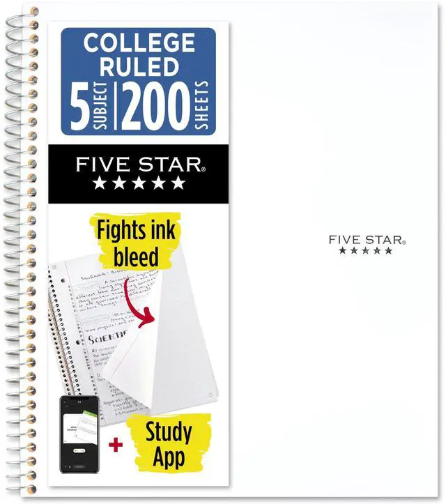 Main image of Spiral Notebook + Study App, 5 Subject, College Ruled Paper, 8-1/2" x 11", 200 Sheets, Fights Ink Bleed, Water Resistant Cover, White (72460)