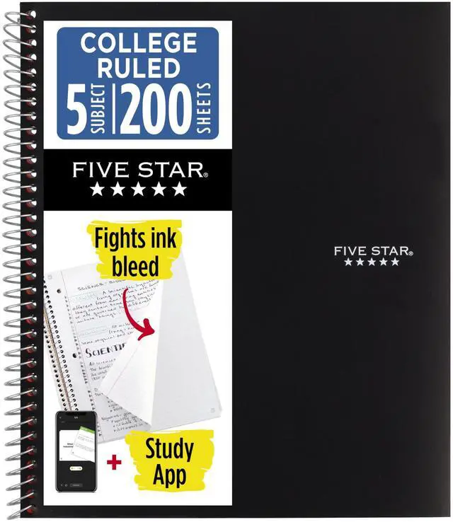 Main image of Spiral Notebook + Study App, 5 Subject, College Ruled Paper, 8-1/2" x 11", 200 Sheets, Fights Ink Bleed, Water Resistant Cover, Black (72081)