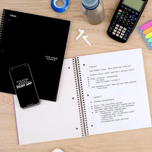 Alt view image 3 of 7 - Spiral Notebook + Study App, 5 Subject, College Ruled Paper, 8-1/2" x 11", 200 Sheets, Fights Ink Bleed, Water Resistant Cover, Black (72081)