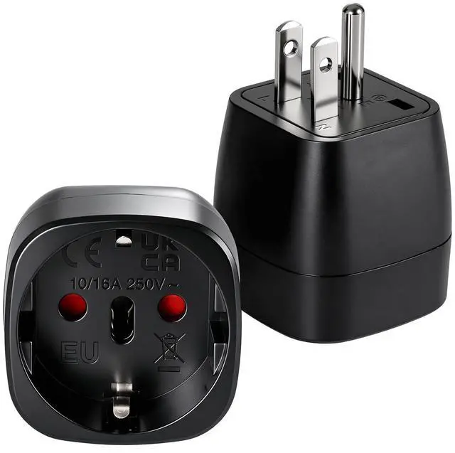 Main image of 2 Pack European to US Plug Adapter, Europe to US Adapter, Europe to USA Travel Plug Converter, for EU Spain France Type C E F Plugs to America (Black)