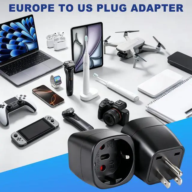 Alt view image 2 of 7 - 2 Pack European to US Plug Adapter, Europe to US Adapter, Europe to USA Travel Plug Converter, for EU Spain France Type C E F Plugs to America (Black)
