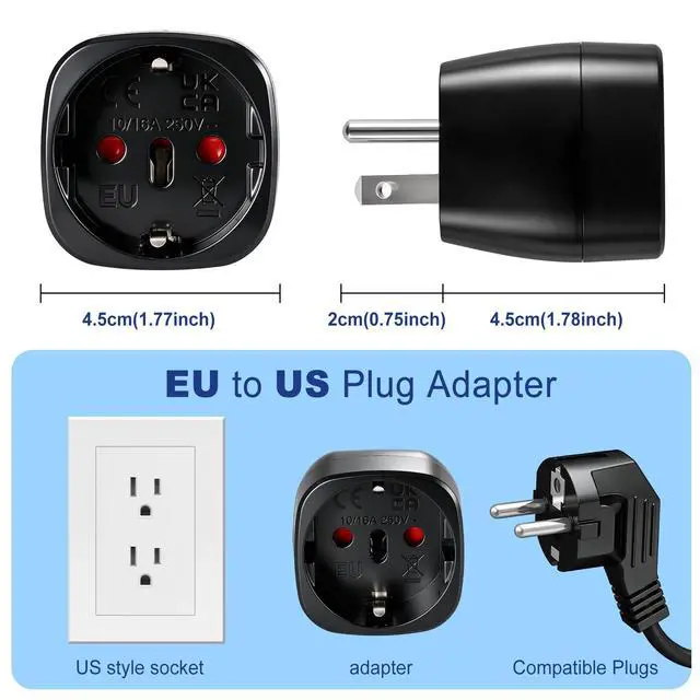 Alt view image 3 of 7 - 2 Pack European to US Plug Adapter, Europe to US Adapter, Europe to USA Travel Plug Converter, for EU Spain France Type C E F Plugs to America (Black)