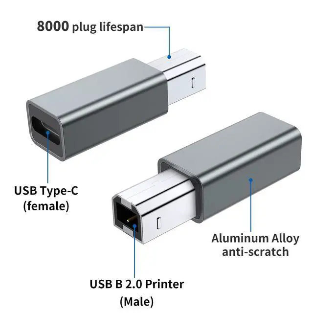 Alt view image 2 of 6 - USB C Female to Printer Male Adapter (2-Pack), USB Type C to USB B Convert Connector Support Data Sync Compatible with Brother HP Canon Lexmark Epson Dell Xerox Samsung etc and Piano DAC (Grey)