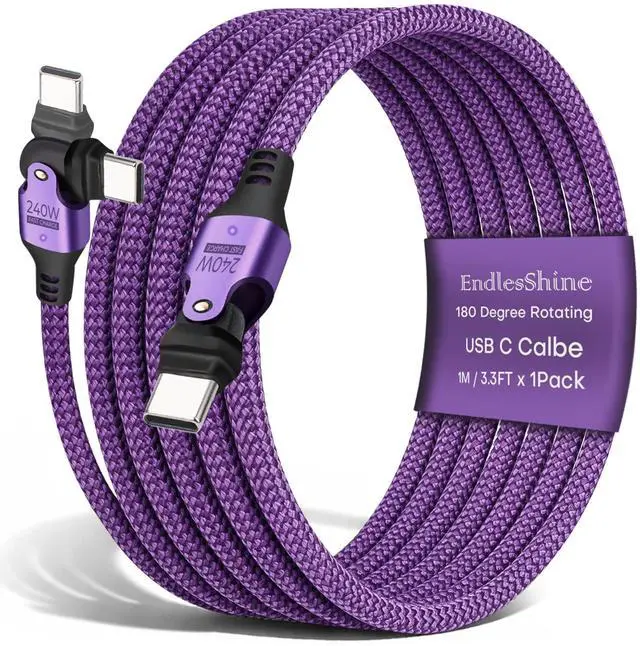 Main image of USB Cable Type C to C 180° Rotation PD 240W (1- Pack 3.3ft) USB2.0 480MBPS & Data Transfer Cable Phone Charge Cord for Type C Devices (Purple)