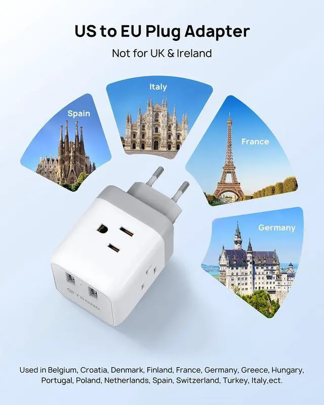 Alt view image 3 of 6 - European Travel Plug Adapter - International Power Adapter Converter for Europe with 3 Outlets 2 USB, Europe to US Type C Adaptor for Italy Germany France Spain, Cruise Travel Essentials