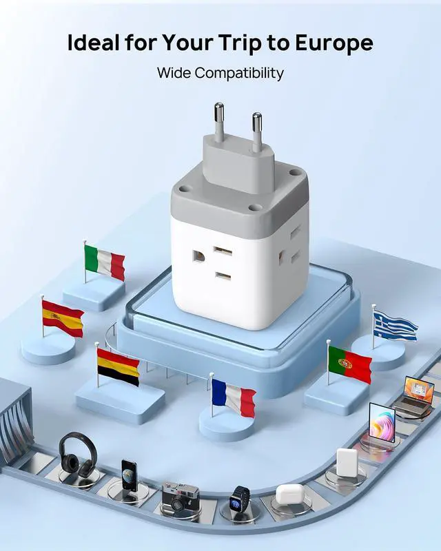 Alt view image 4 of 6 - European Travel Plug Adapter - International Power Adapter Converter for Europe with 3 Outlets 2 USB, Europe to US Type C Adaptor for Italy Germany France Spain, Cruise Travel Essentials
