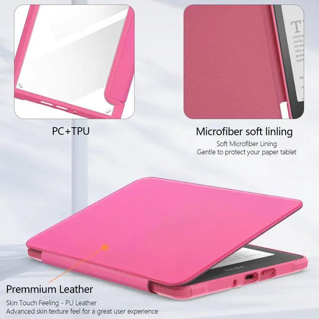 Alt view image 3 of 7 - Case for 7" Kindle Paperwhite 12th Gen 2024 Released & Kindle Colorsoft (1st Gen.2024/2025),Clear Back Shell Durable PU Leather Cover with Auto Sleep Wake,Raspberry