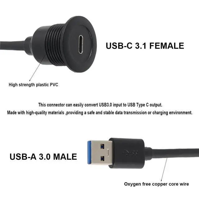 Alt view image 3 of 6 - USB3.0 Male to USB-C Female Converter Adapter, USB-A to Type C Extension Cable Support Data Transfering and Charging for Car Dashboard Desktop(12 Inch)