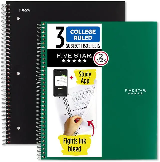 Main image of Spiral Notebook + Study App, 2 Pack, 3 Subject, College Ruled Paper, 8-1/2" x 11", 150 Sheets, Fights Ink Bleed, Water Resistant Cover, Black, Green (820191)
