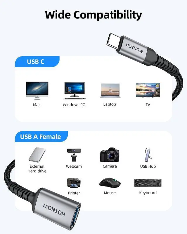 Alt view image 6 of 6 - USB Female to USB C Male Cable 1FT 2Pack,USB C to USB A Adapter OTG Adapter Cable 10Gbps Compatible with MacBook Pro/Air, iPhone 17/16/15/Pro Max/Pro, Samsung Galaxy S25/S24/S23