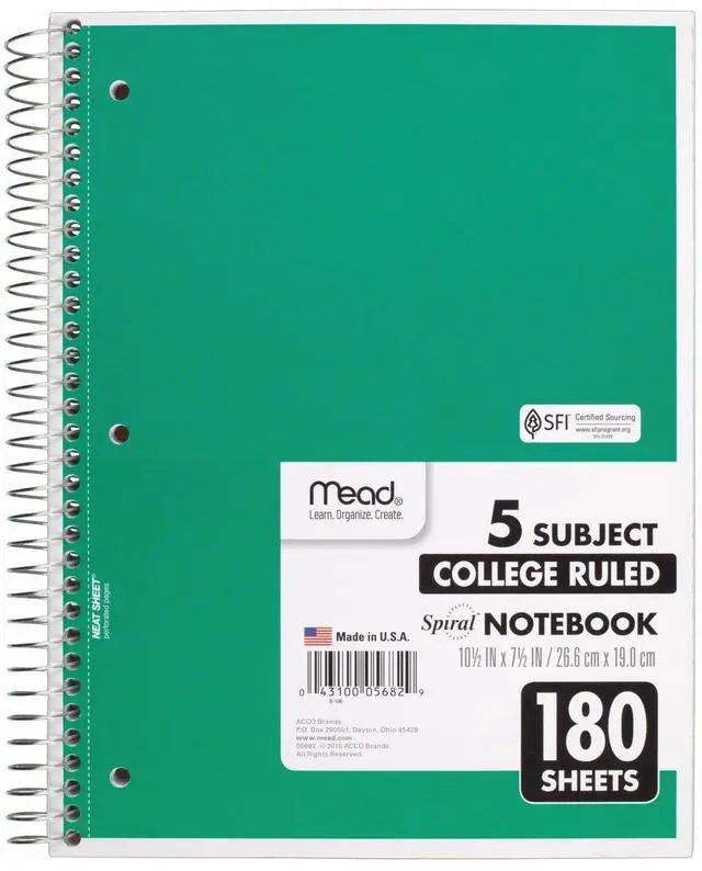 Main image of Spiral Notebook, 5 Subject, College Ruled Paper, 180 Sheets, 10-1/2" x 8", Color Selected For You, 1 Count (05682)