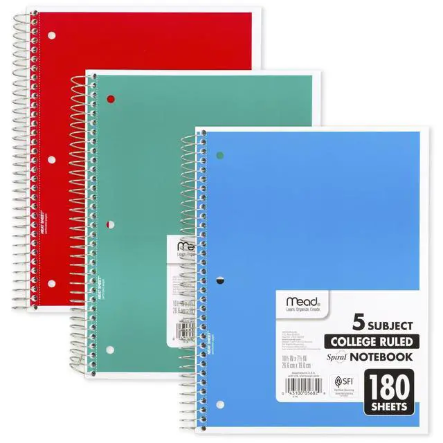 Alt view image 2 of 7 - Spiral Notebook, 5 Subject, College Ruled Paper, 180 Sheets, 10-1/2" x 8", Color Selected For You, 1 Count (05682)