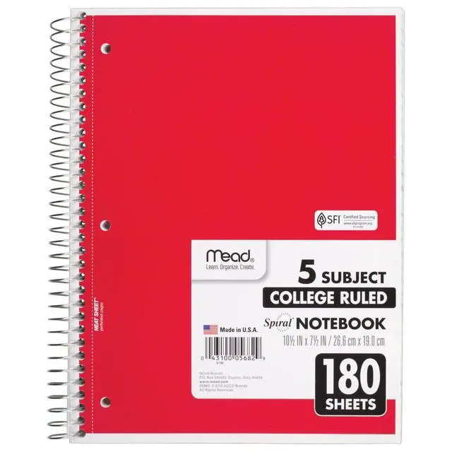 Alt view image 7 of 7 - Spiral Notebook, 5 Subject, College Ruled Paper, 180 Sheets, 10-1/2" x 8", Color Selected For You, 1 Count (05682)