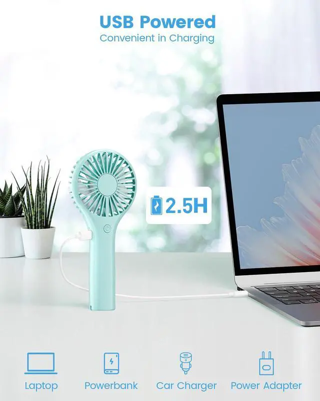 Alt view image 5 of 7 - Portable Mini Fan - Powerful Personal Handheld Fan with 3 Speeds, Cute and Small, USB Rechargeable for Travel/Lash/Makeup/Outdoor/Home, Blue
