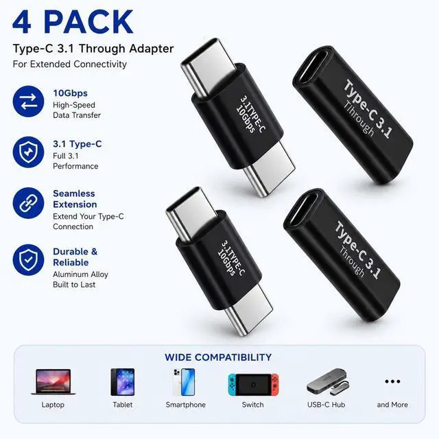 Alt view image 2 of 7 - 4 Pack USB-C to USB-C Adapter Combo, 10Gbps Type C Male to Male & Female Coupler, Supports 100W Fast Charge, 4K Display, Universal Compatibility for MacBook, iPad, iPhone, and Laptops