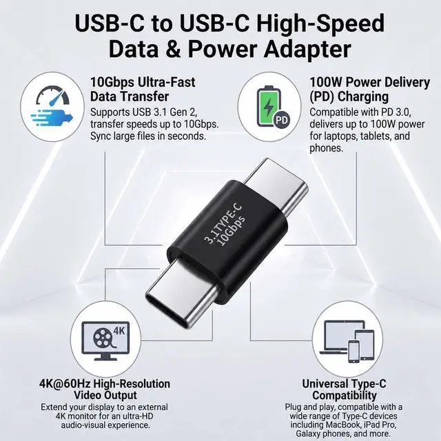 Alt view image 3 of 7 - 4 Pack USB-C to USB-C Adapter Combo, 10Gbps Type C Male to Male & Female Coupler, Supports 100W Fast Charge, 4K Display, Universal Compatibility for MacBook, iPad, iPhone, and Laptops