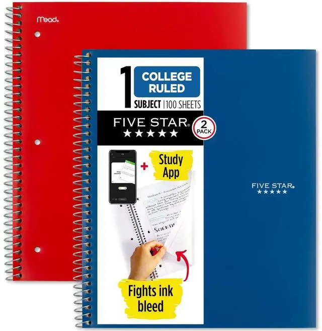 Main image of Spiral Notebook + Study App, 2 Pack, 1 Subject, College Ruled Paper, 100 Sheets, 8-1/2" x 11", Pacific Blue, Fire Red (38452)