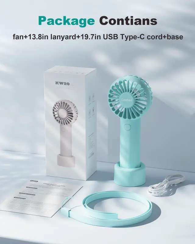 Alt view image 7 of 7 - Mini Handheld Fan, Small Cute Design, 3 Powerful Speeds, USB Rechargeable Battery Operated, Portable Personal Fan with Base & Lanyard, for Eyelash Makeup Travel Beach Office Desk, Blue