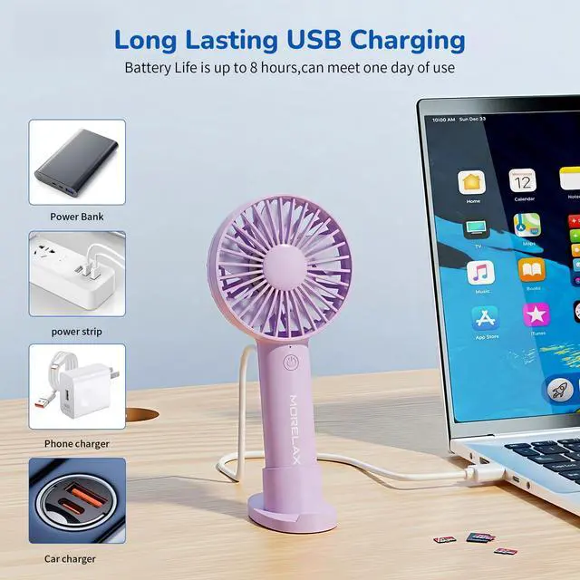 Alt view image 4 of 7 - Handheld Fan, USB Rechargeable Mini Portable Fan with Base, 10H Battery, Strong Wind, Small & Powerful, Cute Design for Travel, Makeup, Girls Women Summer Gift (Purple)
