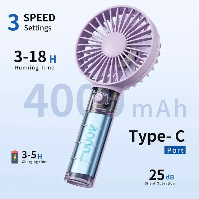 Alt view image 3 of 7 - Handheld Fan, USB Rechargeable Mini Portable Fan with Base, 10H Battery, Strong Wind, Small & Powerful, Cute Design for Travel, Makeup, Girls Women Summer Gift (Purple)