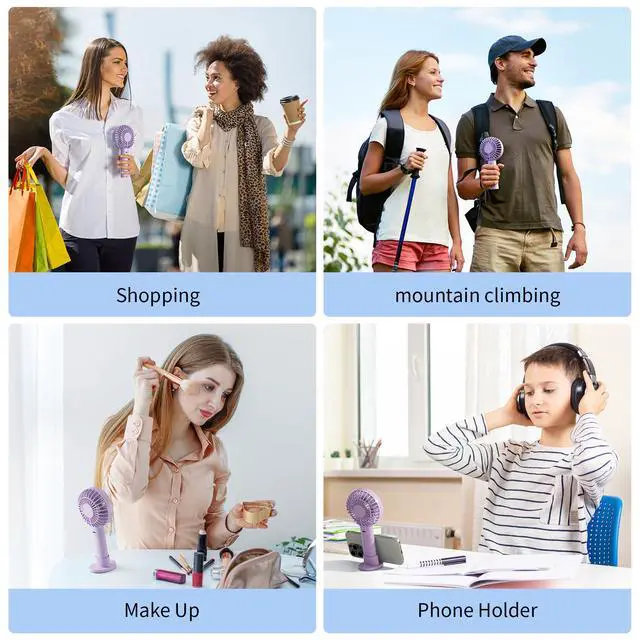 Alt view image 6 of 7 - Handheld Fan, USB Rechargeable Mini Portable Fan with Base, 10H Battery, Strong Wind, Small & Powerful, Cute Design for Travel, Makeup, Girls Women Summer Gift (Purple)
