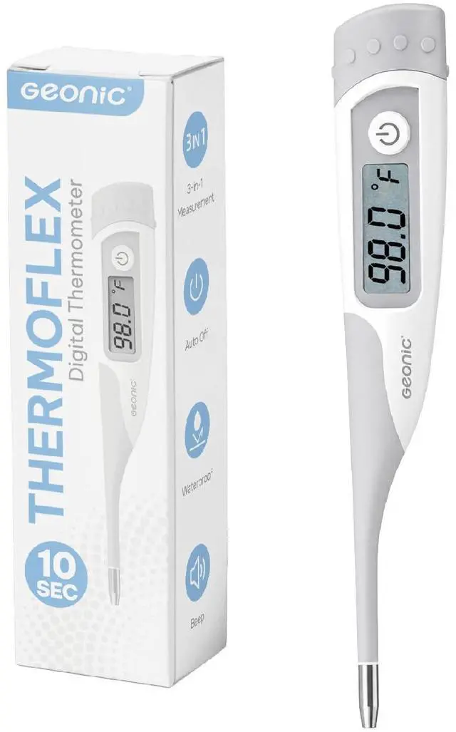 Main image of Flexible Tip Digital Thermometer for Adults & Kids, Fast 10-Second Reading, Waterproof, 3-in-1 Oral Rectal Underarm Use, Fever Alarm, White