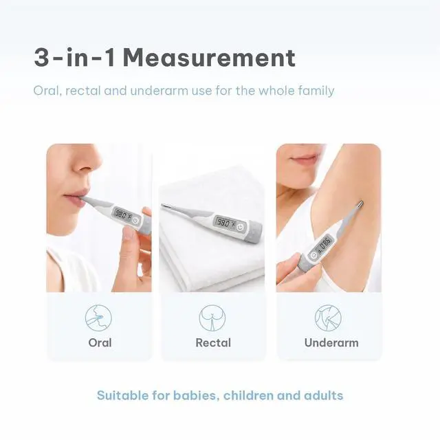 Alt view image 4 of 7 - Flexible Tip Digital Thermometer for Adults & Kids, Fast 10-Second Reading, Waterproof, 3-in-1 Oral Rectal Underarm Use, Fever Alarm, White