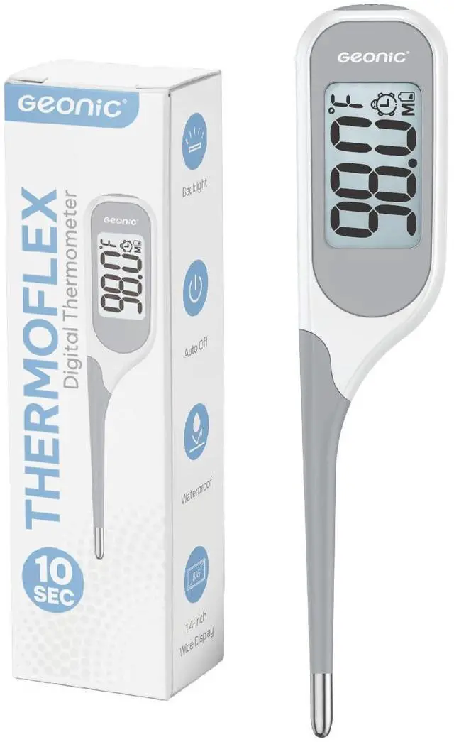 Main image of Backlit Digital Thermometer for Adults & Kids, Fast 10-Second Reading, Flexible Tip, Large 1.4 Inch Display, Waterproof, Fever Alarm, White