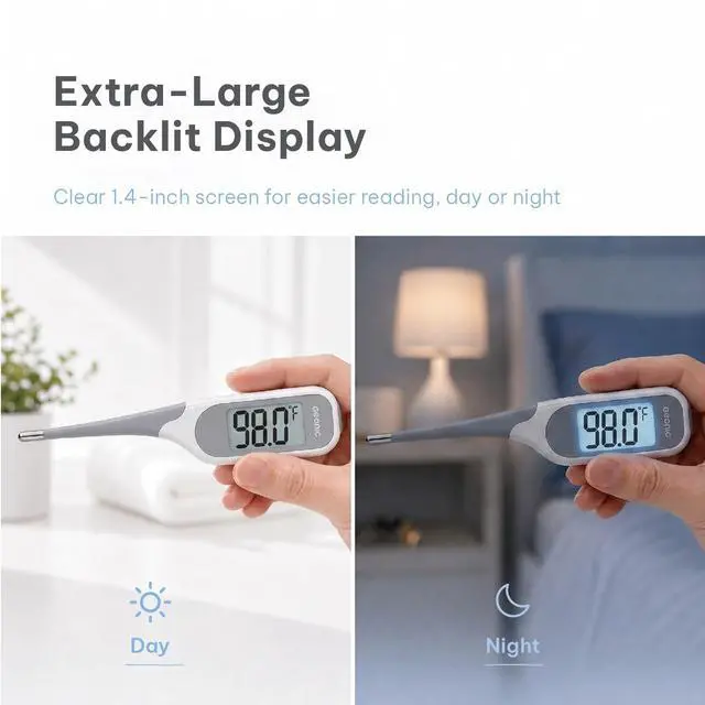 Alt view image 2 of 7 - Backlit Digital Thermometer for Adults & Kids, Fast 10-Second Reading, Flexible Tip, Large 1.4 Inch Display, Waterproof, Fever Alarm, White