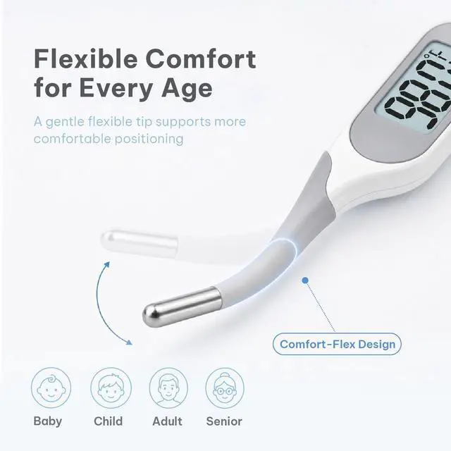 Alt view image 5 of 7 - Backlit Digital Thermometer for Adults & Kids, Fast 10-Second Reading, Flexible Tip, Large 1.4 Inch Display, Waterproof, Fever Alarm, White
