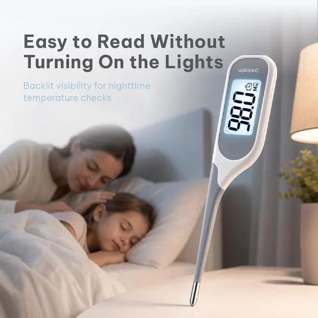 Alt view image 6 of 7 - Backlit Digital Thermometer for Adults & Kids, Fast 10-Second Reading, Flexible Tip, Large 1.4 Inch Display, Waterproof, Fever Alarm, White